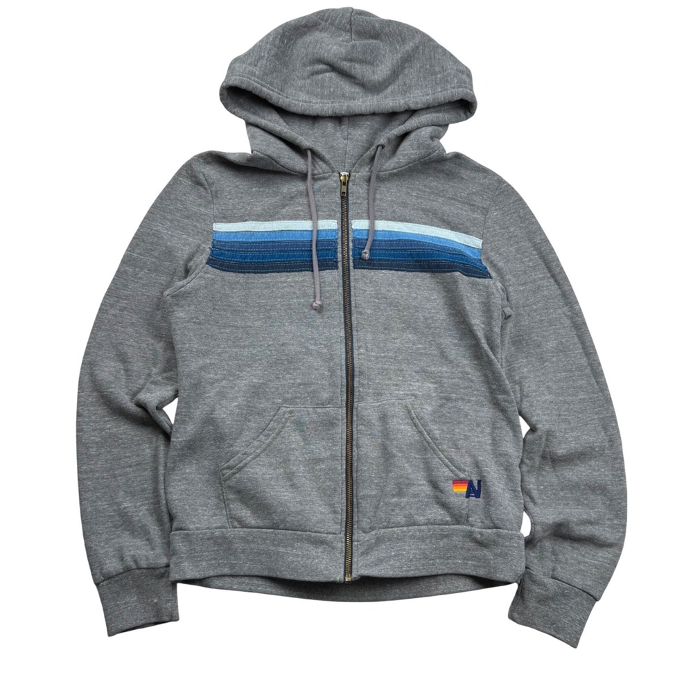 Aviator Nation Heather Gray 5 Blue Striped Zip Up Hoodie Sweatshirt Size Medium